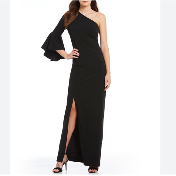 Calvin Klein Black One Shoulder Bell Sleeve Gown - Picture 1 of 5